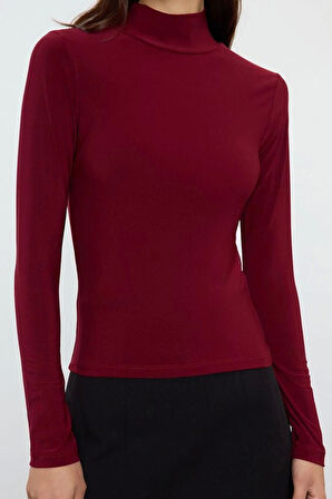 Kadın Moda Şık Regular Dik Yaka Slim Kalıp Örme Fitted Vücuda Oturan Kollu Fitilli Esnek Bluz