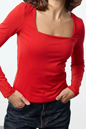 Kadın Moda Şık Üst Giyim Regular Kare Yaka Slim Kalıp Örme Pamuklu Fit Bluz