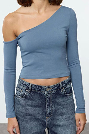 Kadın Moda Şık Üst Giyim Crop Asimetrik Yaka Düşük Kol Slim Kalıp Örme Tek Omuz Pamuklu Fit Bluz