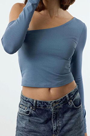 Kadın Moda Şık Üst Giyim Crop Asimetrik Yaka Düşük Kol Slim Kalıp Örme Tek Omuz Pamuklu Fit Bluz