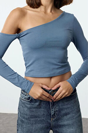 Kadın Moda Şık Üst Giyim Crop Asimetrik Yaka Düşük Kol Slim Kalıp Örme Tek Omuz Pamuklu Fit Bluz