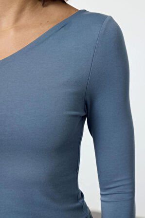 Kadın Moda Şık Üst Giyim Crop Asimetrik Yaka Düşük Kol Slim Kalıp Örme Tek Omuz Pamuklu Fit Bluz