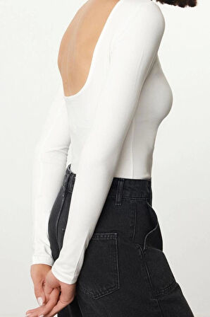 Kadın Şık Regular Kayık Yaka Slim Kalıp Örme Pamuklu Sırt Dekolteli Fitted Vücuda Oturan Esne Bluz