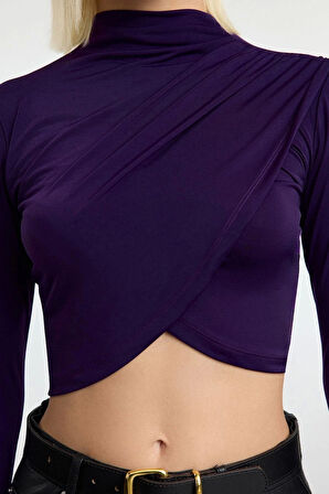 Kadın Moda Şık Üst Giyim Super Crop Dik Yaka Slim Kalıp Örme Drapeli Crop Bluz