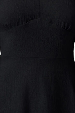 Kadın Moda Şık Mini Boy V Yaka Regular A Kesim Balon Kol Detaylı Dokuma Elbise