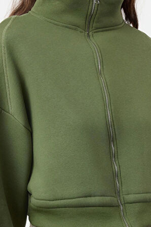 Kadın Fermuarlı Yaka Düşük Kol Normal Kalıp Fermuarlı Kalın İçi Polarlı Örme Sweatshirt