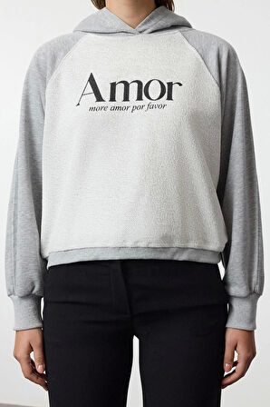 Kadın Moda Şık Relaxed Kapüşonlu Reglan Kol Regular Baskılı Rahat Kalıp Kalın Örme Sweatshirt