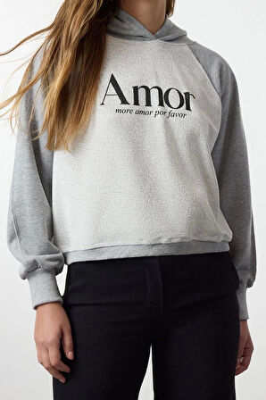 Kadın Moda Şık Relaxed Kapüşonlu Reglan Kol Regular Baskılı Rahat Kalıp Kalın Örme Sweatshirt