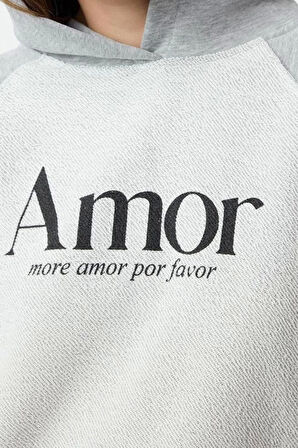 Kadın Moda Şık Relaxed Kapüşonlu Reglan Kol Regular Baskılı Rahat Kalıp Kalın Örme Sweatshirt