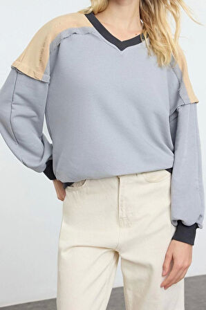Kadın Moda Şık Bol V Yaka Reglan Kol Uzun Geniş Kalıp Kalın Örme Sweatshirt