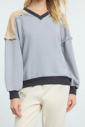 Kadın Moda Şık Bol V Yaka Reglan Kol Uzun Geniş Kalıp Kalın Örme Sweatshirt