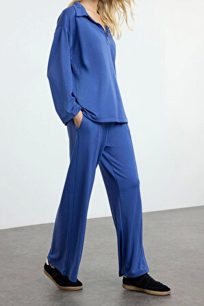 Kadın Moda Şık Regular Boy Oversize Geniş Kalıp Yumuşak Kumaşlı Polo Yaka Örme Alt-Üst Takım