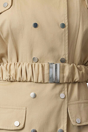 Kadın Moda Şık Mini Boy Ceket Yaka Regular Kemerli Düğmeli Dokuma Ceket Elbise