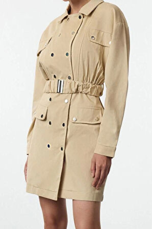 Kadın Moda Şık Mini Boy Ceket Yaka Regular Kemerli Düğmeli Dokuma Ceket Elbise