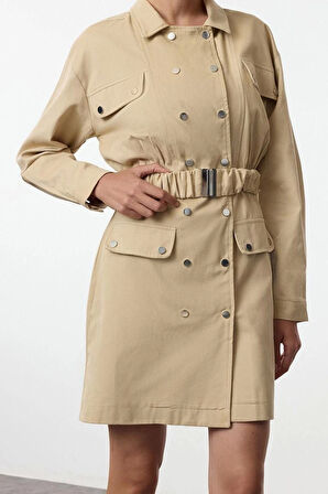 Kadın Moda Şık Mini Boy Ceket Yaka Regular Kemerli Düğmeli Dokuma Ceket Elbise