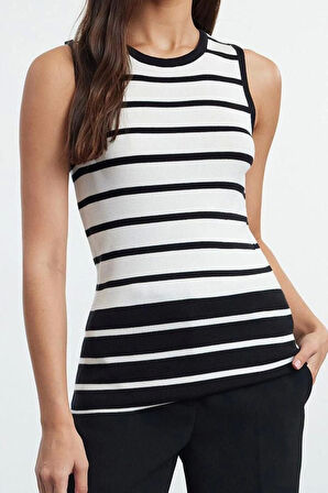 Kadın Moda Şık Üst Giyim Crop Bisiklet Yaka Slim Kalıp Triko Sıfır Kol Çizgili Bluz