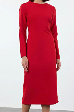 Kadın Moda Şık Midi Boy Bisiklet Yaka Regular Vücudu Saran Dokuma Elbise