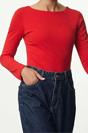 Kadın Moda Şık Üst Giyim Crop Kayık Yaka Slim Kalıp Örme Pamuklu Fitted Vücuda Oturan Esnek Bluz