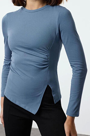 Kadın Moda Şık Üst Giyim Regular Bisiklet Yaka Slim Kalıp Örme Tek Yırtmaç Detaylı Büzgülü Bluz