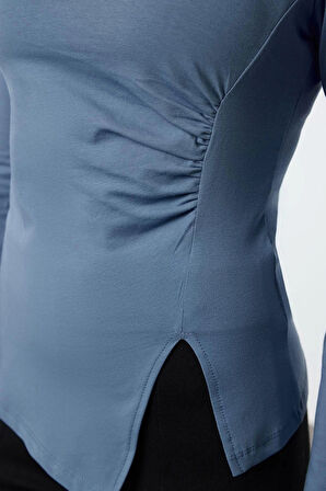 Kadın Moda Şık Üst Giyim Regular Bisiklet Yaka Slim Kalıp Örme Tek Yırtmaç Detaylı Büzgülü Bluz