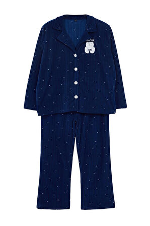 Kadın Moda Şık Büyük Beden Gömlek Yaka Boru Paça Uzun Kol Puantiyeli Örme Pijama Takımı