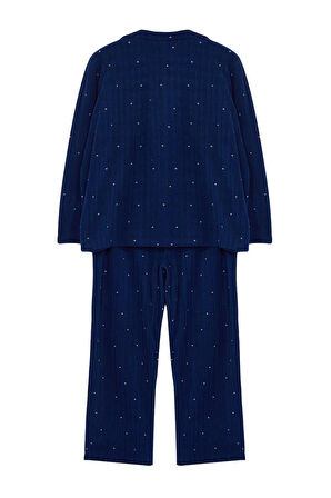 Kadın Moda Şık Büyük Beden Gömlek Yaka Boru Paça Uzun Kol Puantiyeli Örme Pijama Takımı