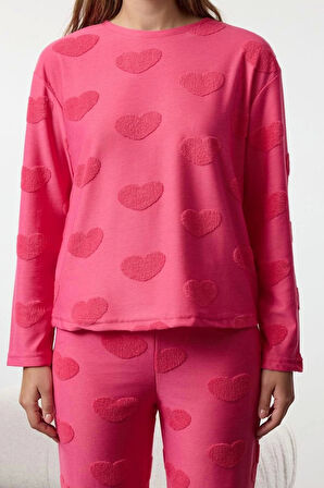 Kadın Moda Şık Bisiklet Yaka Boru Paça Uzun Kol Kalpli Örme Pijama Takımı