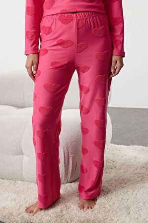 Kadın Moda Şık Bisiklet Yaka Boru Paça Uzun Kol Kalpli Örme Pijama Takımı