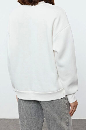 Kadın Moda Oversize Bisiklet Yaka Düşük Kol Uzun Rahat Kesim Basic Kalın İçi polarlı Örme Sweatshirt