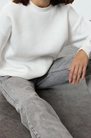 Kadın Moda Oversize Bisiklet Yaka Düşük Kol Uzun Rahat Kesim Basic Kalın İçi polarlı Örme Sweatshirt