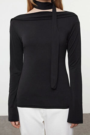 Kadın Şık Regular Carmen Yaka Düşük Kol Slim Kalıp Örme Şal Detaylı Fitted Vücuda Oturan Esnek Bluz