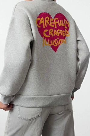 Kadın Oversize Bisiklet Yaka Düşük Kol Uzun Kalın Polarlı  Sırt Kabartma Baskılı Örme Sweatshirt