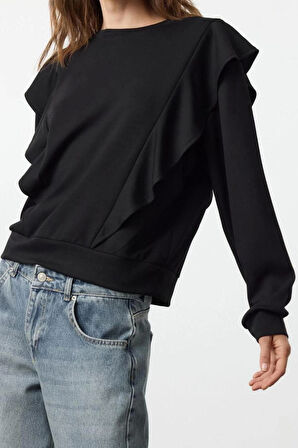 Kadın Relaxed Bisiklet Yaka Büzgülü/Fırfırlı Kol Regular Fırfır Detaylı Rahat Kalıp Örme Sweatshirt