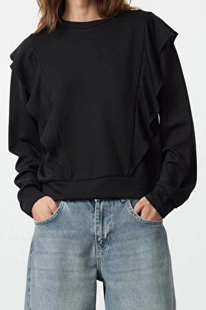 Kadın Relaxed Bisiklet Yaka Büzgülü/Fırfırlı Kol Regular Fırfır Detaylı Rahat Kalıp Örme Sweatshirt