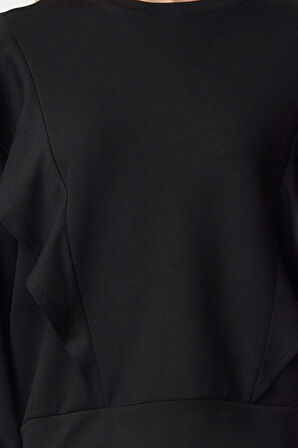 Kadın Relaxed Bisiklet Yaka Büzgülü/Fırfırlı Kol Regular Fırfır Detaylı Rahat Kalıp Örme Sweatshirt