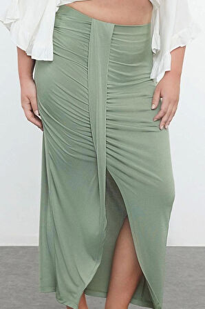 Kadın Moda Stil Midi Astarsız Dokuma Büyük Beden Maxi Boy Sandy Yırtmaç Detaylı Plaj Giyim Örme Etek