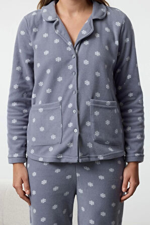 Kadın Moda Şık Gömlek Yaka Boru Paça Uzun Kol Kış Temalı Cepli Polar Kışlık Örme Pijama Takımı
