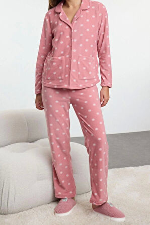 Kadın Moda Şık Gömlek Yaka Boru Paça Uzun Kol Kış Temalı Cepli Polar Kışlık Örme Pijama Takımı