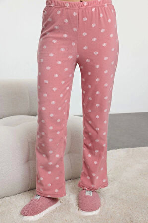 Kadın Moda Şık Gömlek Yaka Boru Paça Uzun Kol Kış Temalı Cepli Polar Kışlık Örme Pijama Takımı