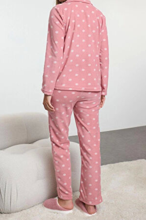 Kadın Moda Şık Gömlek Yaka Boru Paça Uzun Kol Kış Temalı Cepli Polar Kışlık Örme Pijama Takımı