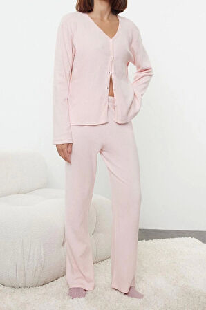 Kadın Moda Şık Gömlek Yaka Boru Paça Uzun Kol Fırçalı Soft Fitilli Hırka Örme Pijama Takımı