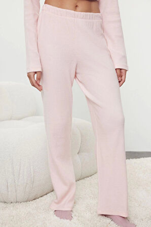 Kadın Moda Şık Gömlek Yaka Boru Paça Uzun Kol Fırçalı Soft Fitilli Hırka Örme Pijama Takımı