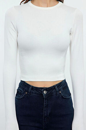 Kadın Moda Şık Üst Giyim Crop Bisiklet Yaka Slim Kalıp Örme Viskoz Yumuşak Kumaşlı Fitted Esnek Bluz