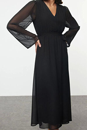 Kadın Moda Şık Maxi Boy Kruvaze Regular Soyut Desen Kuşaklı A Kesim Yaka Astarlı Şifon Dokuma Elbise