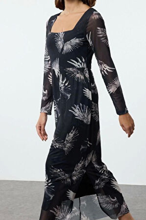 Kadın Moda Şık Midi Boy Kare Yaka Slim Tül Çiçekli Vücuda Oturan Esnek Örme Kalem Elbise