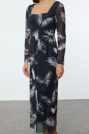 Kadın Moda Şık Midi Boy Kare Yaka Slim Tül Çiçekli Vücuda Oturan Esnek Örme Kalem Elbise