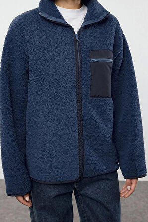 Kadın Moda Şık Oversize Dik Yaka Standart Kol Uzun Kalın Polar Fermuarlı Cepli Örme Sweatshirt