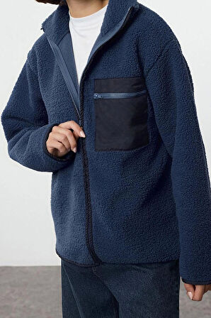 Kadın Moda Şık Oversize Dik Yaka Standart Kol Uzun Kalın Polar Fermuarlı Cepli Örme Sweatshirt