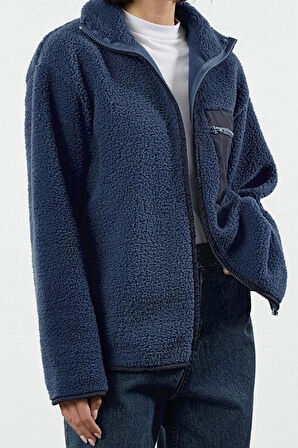 Kadın Moda Şık Oversize Dik Yaka Standart Kol Uzun Kalın Polar Fermuarlı Cepli Örme Sweatshirt