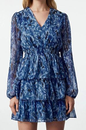 Kadın Mini Boy V Yaka Etnik Desen Skater Belden Açılan Eteği Volanlı Şifon Astarlı Dokuma Elbise